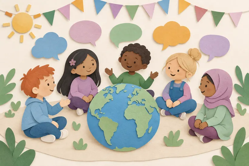 Children of different backgrounds around a paper globe