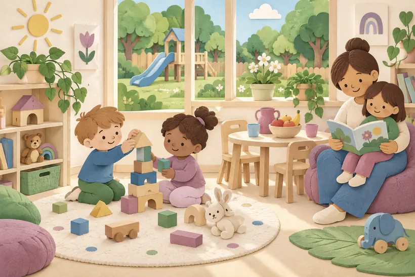 A cosy, sunlit room with wooden toys, a fruit snack and an educator reading to a child