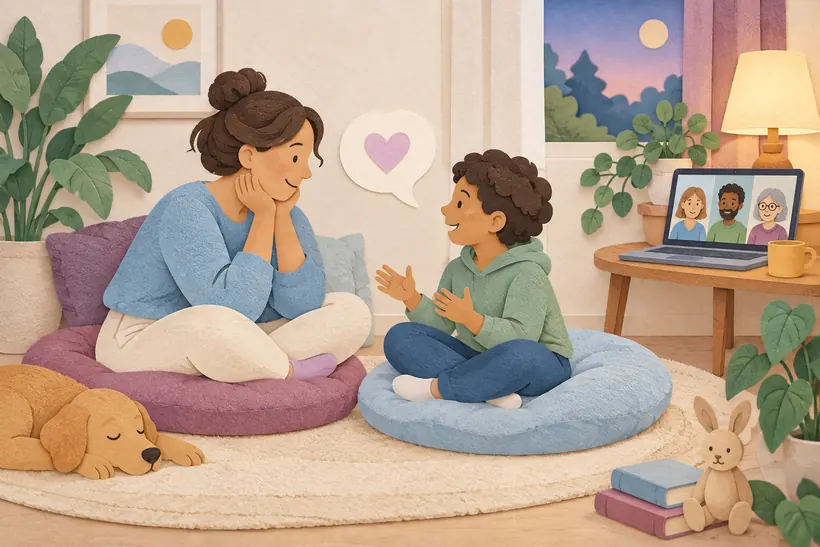 A parent and child sitting on cushions, really listening to each other