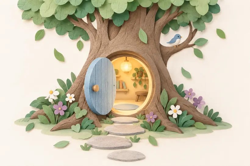 A round door in a tree trunk, glowing with warm light