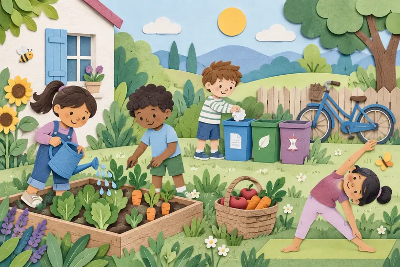 Children watering a vegetable garden and sorting recycling