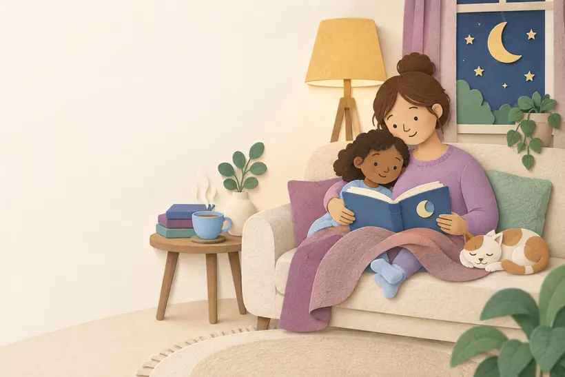 A parent and child reading together on a sofa in the evening