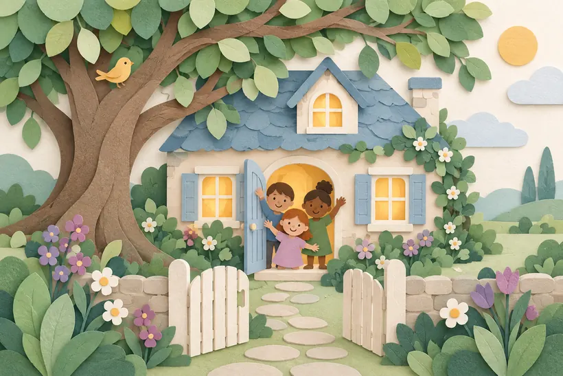 A cosy house sheltered under a tree's branches