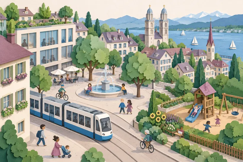 Illustrated map of the Kreuzplatz neighbourhood with tram, fountain square, playground, garden and the Grossmünster